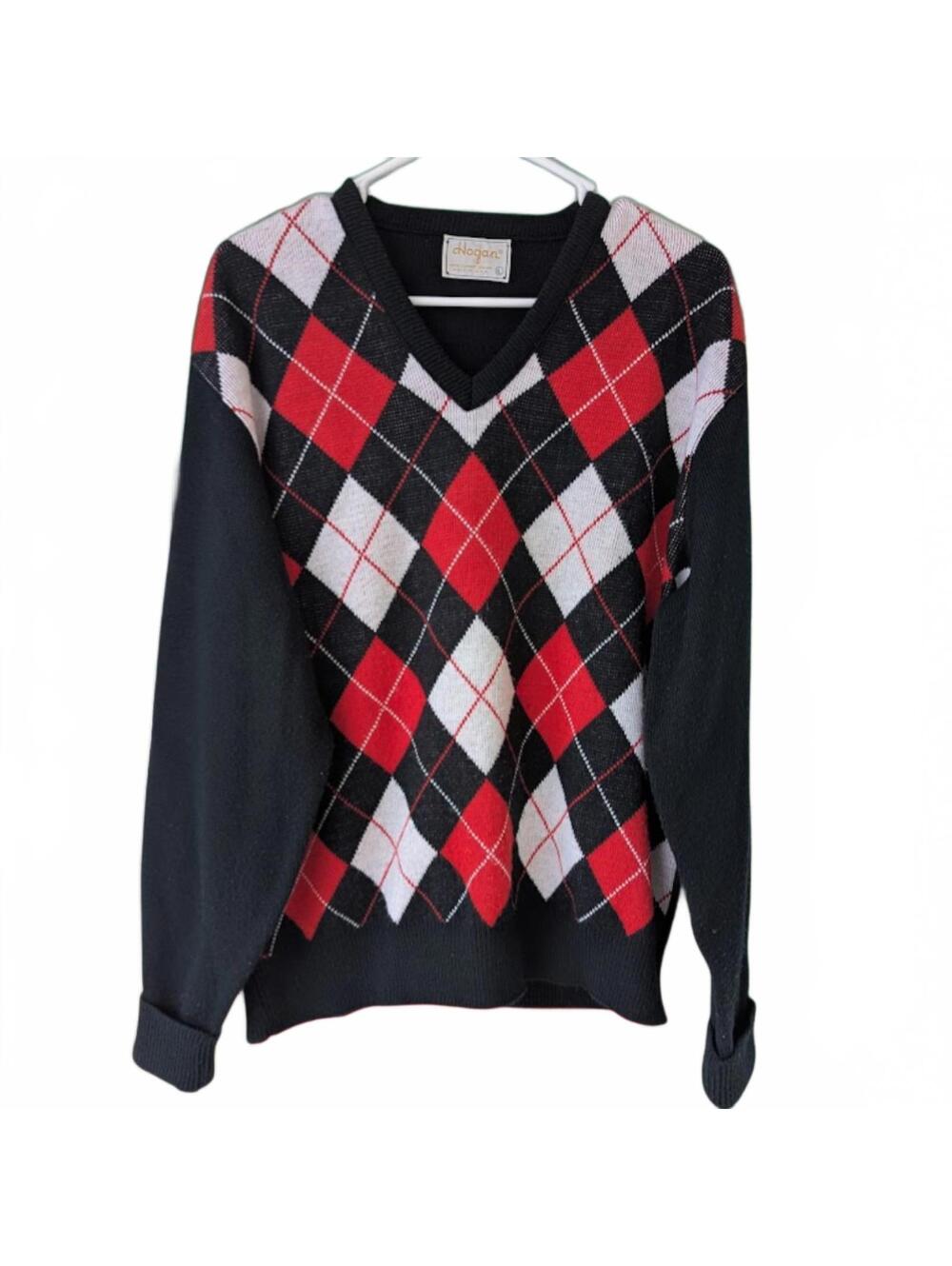 Vintage 80s Hogan Argyle Sweater Large DuPont Orlon V-Neck Red Black Golf 23x26